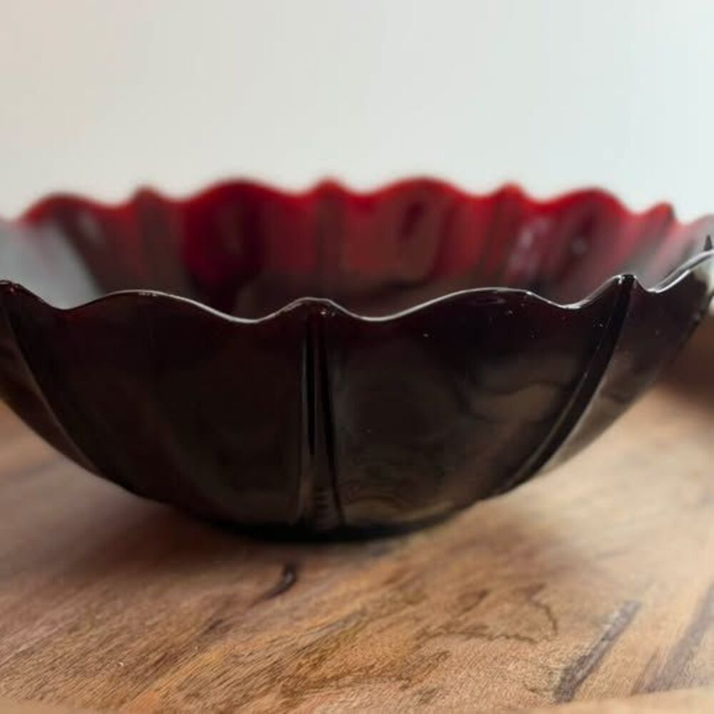 Vintage Ruby Red Scalloped Glass Bowl